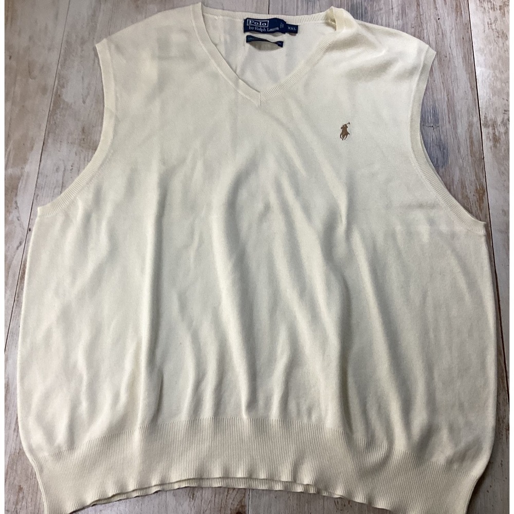Polo Ralph Lauren Mens XXL V Neck Sweater Vest Cream 100% Pima Cotton Logo